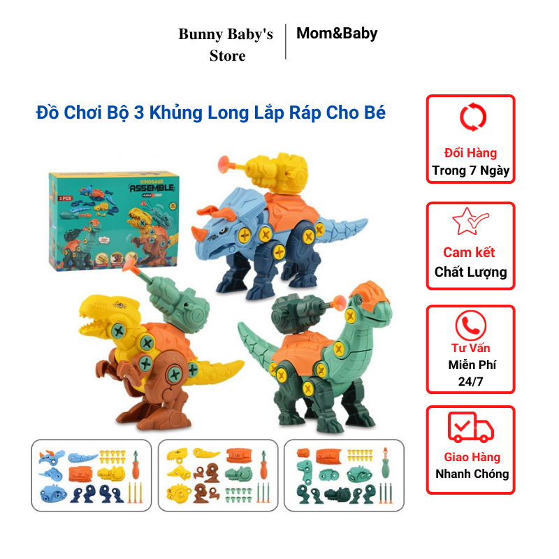 Đồ chơi cho bé, đồ chơi lắp ráp mô hình 3 chú khủng long cho bé siêu đẹp kèm tua vít bunnybabystore