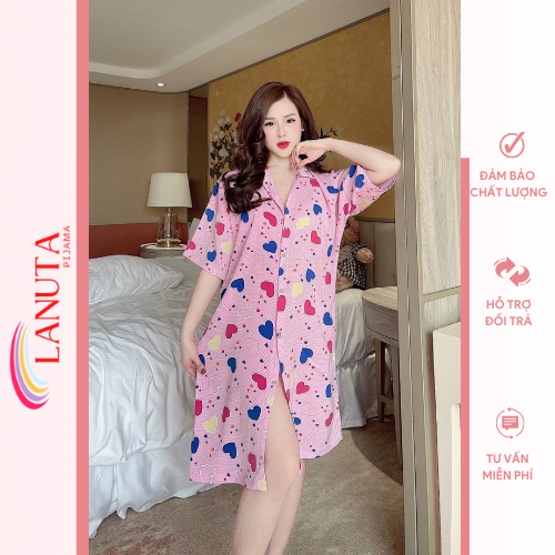 Váy sơ mi lụa ngủ dáng dài suông phom rộng họa tiết dễ thương LANUTA QE