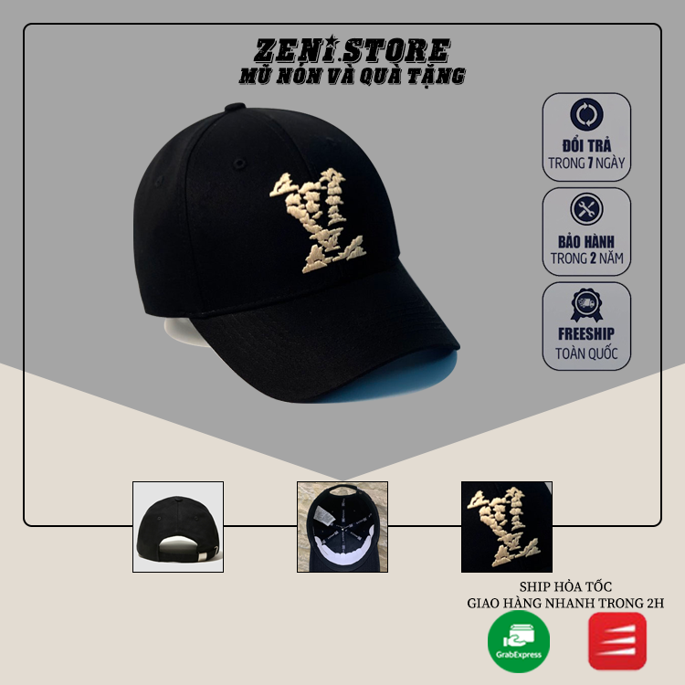 Nón đen mũ lưỡi trai L.V đen logo thêu hình đám mây tinh tế Free Size Full hộp
