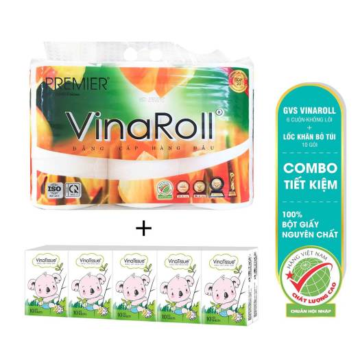 Combo giấy vệ sinh Premier Vinaroll không lõi và khăn giấy bỏ túi Vinatissue (Gói tiết kiệm)