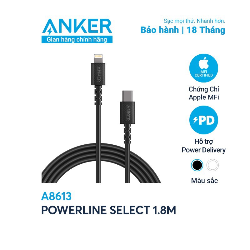 Cáp sạc nhanh iPhone / iPad PD ANKER A8613 Type C to Lightning Dài 1.8M