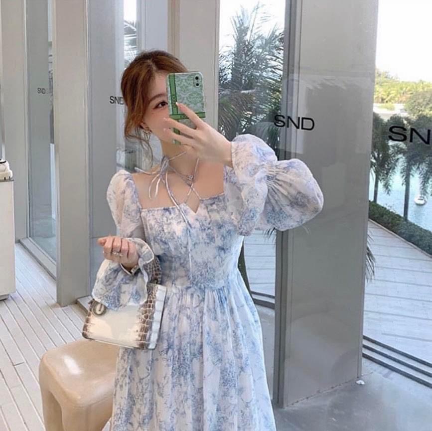 Đầm voan hoa nhẹ tiểu thư cột dây cổ nhẹ nhàng quyến rũ pu vv4321