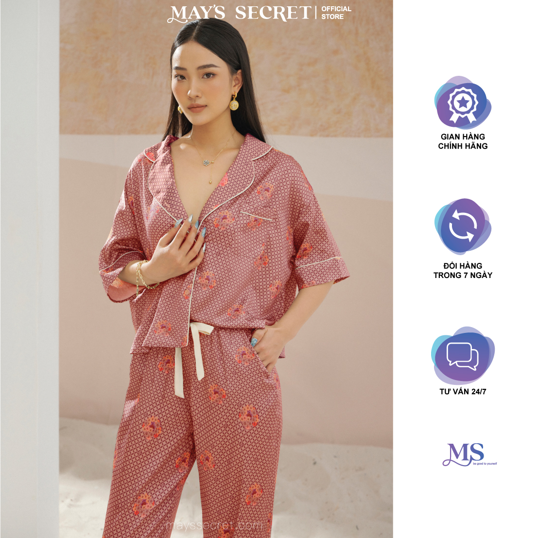 Bộ pyjamas lụa cao cấp Twill Silk 200s cộc tay quần dài Hoa chùm hồng đỗ - May's Secret