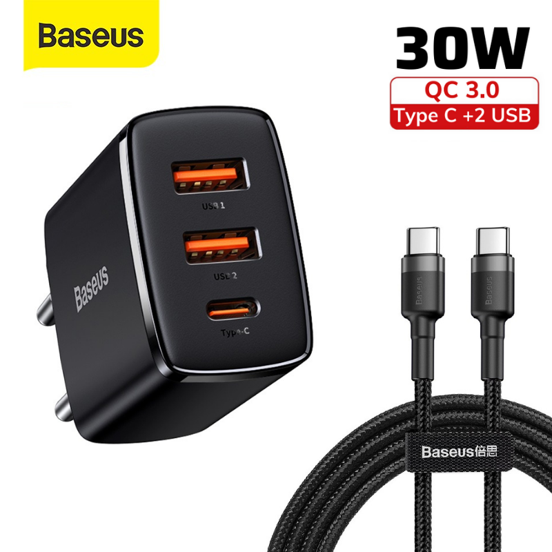 Bộ củ sạc nhanh Baseus 3 cổng pd 30w  kèm dây sạc 2 đầu type c 60w - Cốc sạc kèm cáp sạc type c to type c cho samsung oppo,...vv - vienthonghn