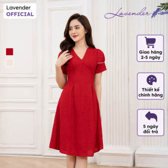 Đầm công sở thiết kế LAVENDER màu đỏ dáng xòe cổ V tay ngắn D2445