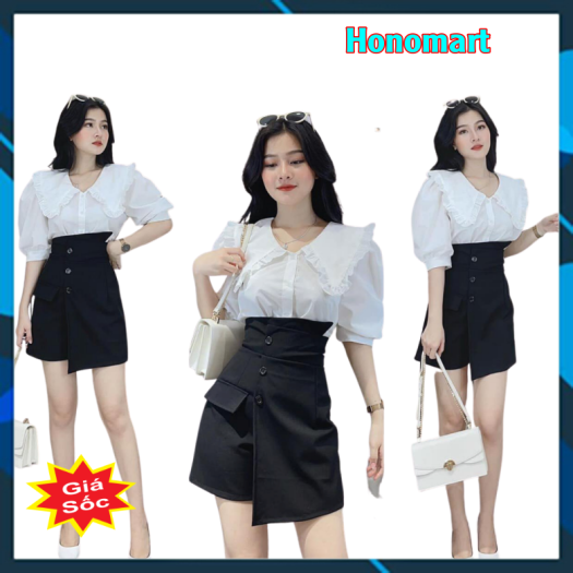 Sét bộ đồ nữ áo sơ mi tay phồng kèm chân váy phối nút sang chảnh 3 màu sắc ( Trắng, Đen, Da). | Shopee Việt Nam