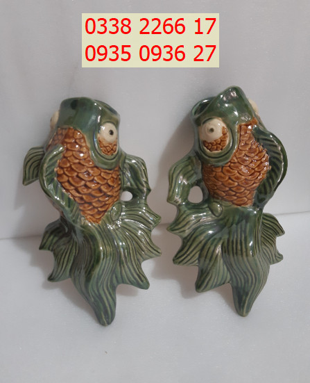 Chậu cá treo tường bằng gốm men nâu 2 con