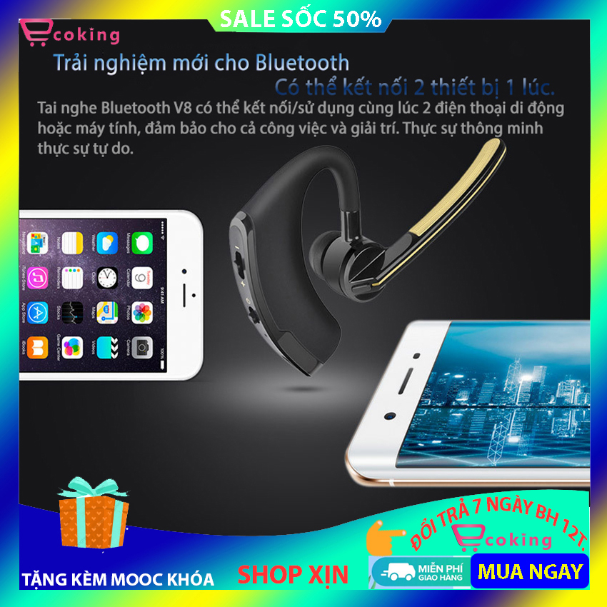Tai Nghe Không Dây nhét tai Bluetooth V8 ECOKING âm thanh vòm HIFI có micro đàm thoại xoay 360, điều chỉnh dễ dàng chỉ nút bấm, pin khá trâu.