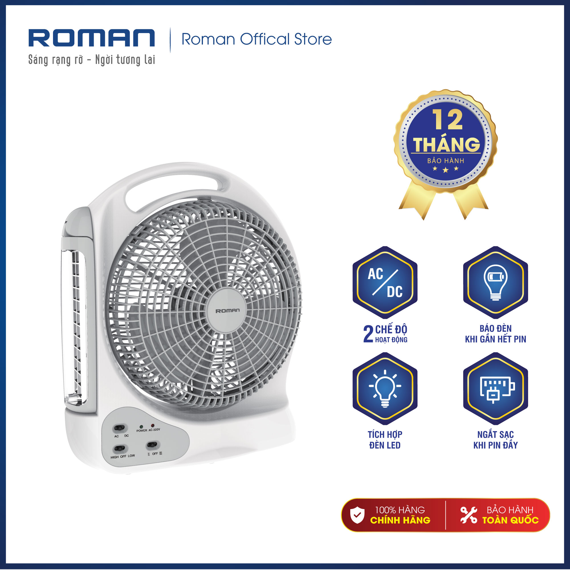 Quạt sạc tích điện Roman HFR12A1 tích hợp đèn LED siêu sáng, góc quay linh hoạt (sử dụng cả 2 chế độ AC và DC)