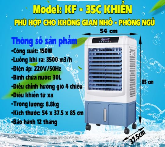 Quạt điều hòa, quạt hơi nước, quạt điều hòa không khí, quạt điều hòa làm mát không khí, Máy làm mát không khí KUNGFU KF-35C -Công suất 150W Bảo hành 12 tháng