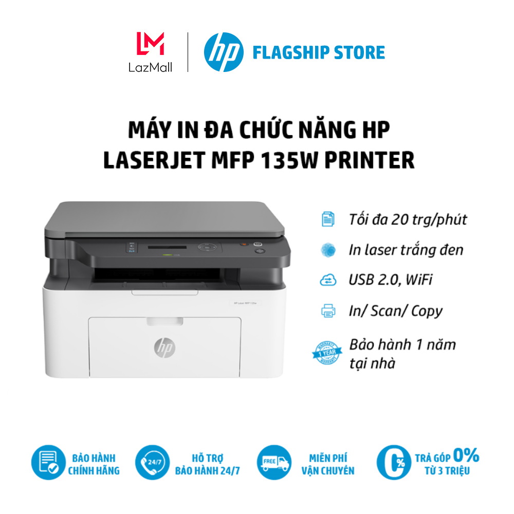 [Trả góp]Máy in đa chức năng HP LaserJet MFP 135w Printer 1Y WTY (In Scan Copy Wifi Trắng) 4ZB83A) - Hàng Chính Hãng