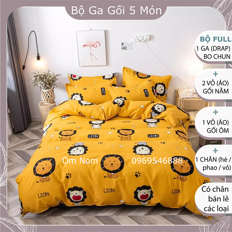 Bộ chăn ga gối 5 MÓN đẹp Hàn Quốc chất cotton poly: 1 drap giường + 2 vỏ gối + 1 vỏ ôm + 1 chăn, họa tiết SƯ TỬ màu VÀNG mạnh mẽ cho bé trai