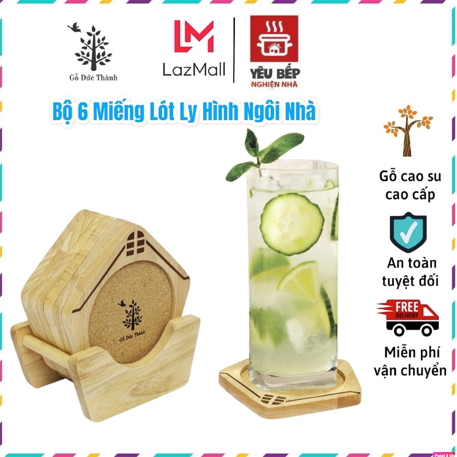 Bộ 6 miếng lót ly hình ngôi nhà tặng kèm đế đựng miếng lót tiện dụng | gỗ đức thành 27171