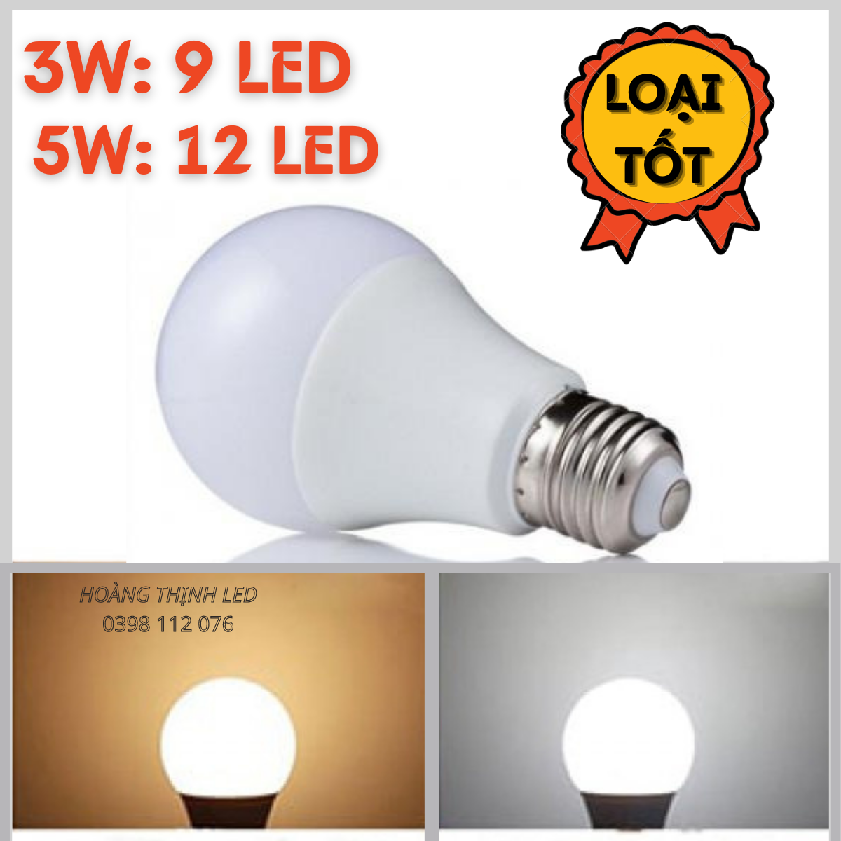 Bóng đèn led 3W (9 led), 5W (12 led) CHỐNG NƯỚC MƯA đui E27(ánh sáng Vàng/ Trắng)