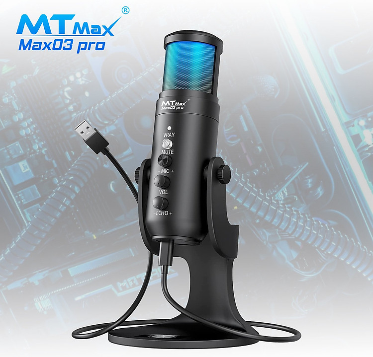 Micro Thu Âm Chuyên Nghiệp, Mic Livestream Trò Chuyện - Micro Thu Âm MAX03 PRO – Cảm Biến Tắt Tiếng 1 Chạm, Lọc Âm Cực Tốt, Độ Nhạy Mic Cao, Đèn LED RGB Đa Sắc Đổi Màu Linh Hoạt, Kết Nối Đa Dạng Với USB Tybe C Và Jack Tai Nghe 3.5