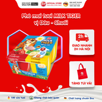 Phô mai tươi Zott Milk Tiger vị Dâu - Chuối nhập khẩu từ Đức, cho bé 6 tháng trở lên (vỉ – 50g x 4 hũ), có bộ đôi Canxi - Vitamin D