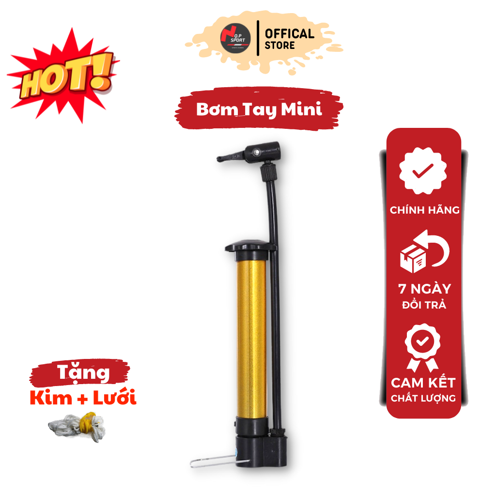 Bơm Mini Cầm tay, Bơm Tay Cột Khí Chống Sốc_Chất liệu Hợp Kim + PVC Màu Vàng Ánh Kim_Tặng Kèm Kim + Lưới