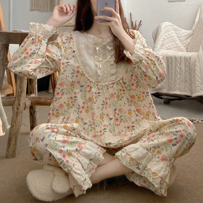 Set bộ hoa nhí phối ren cổ tròn quảng châu