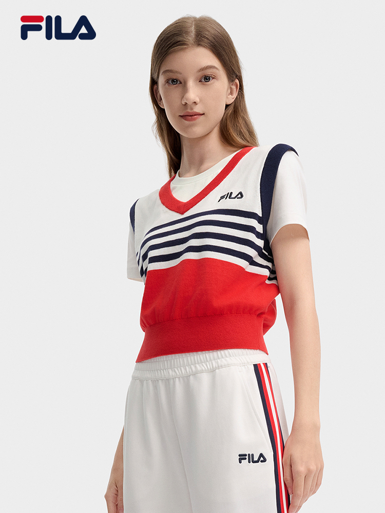 [NEW COLOR!] FILA CORE LIFESTYLE ORIGINALE FRENCH TENNIS CLUB Women Short Sleeve T-shirt + Sleeveless Knit Vest Set (Red / Blue)