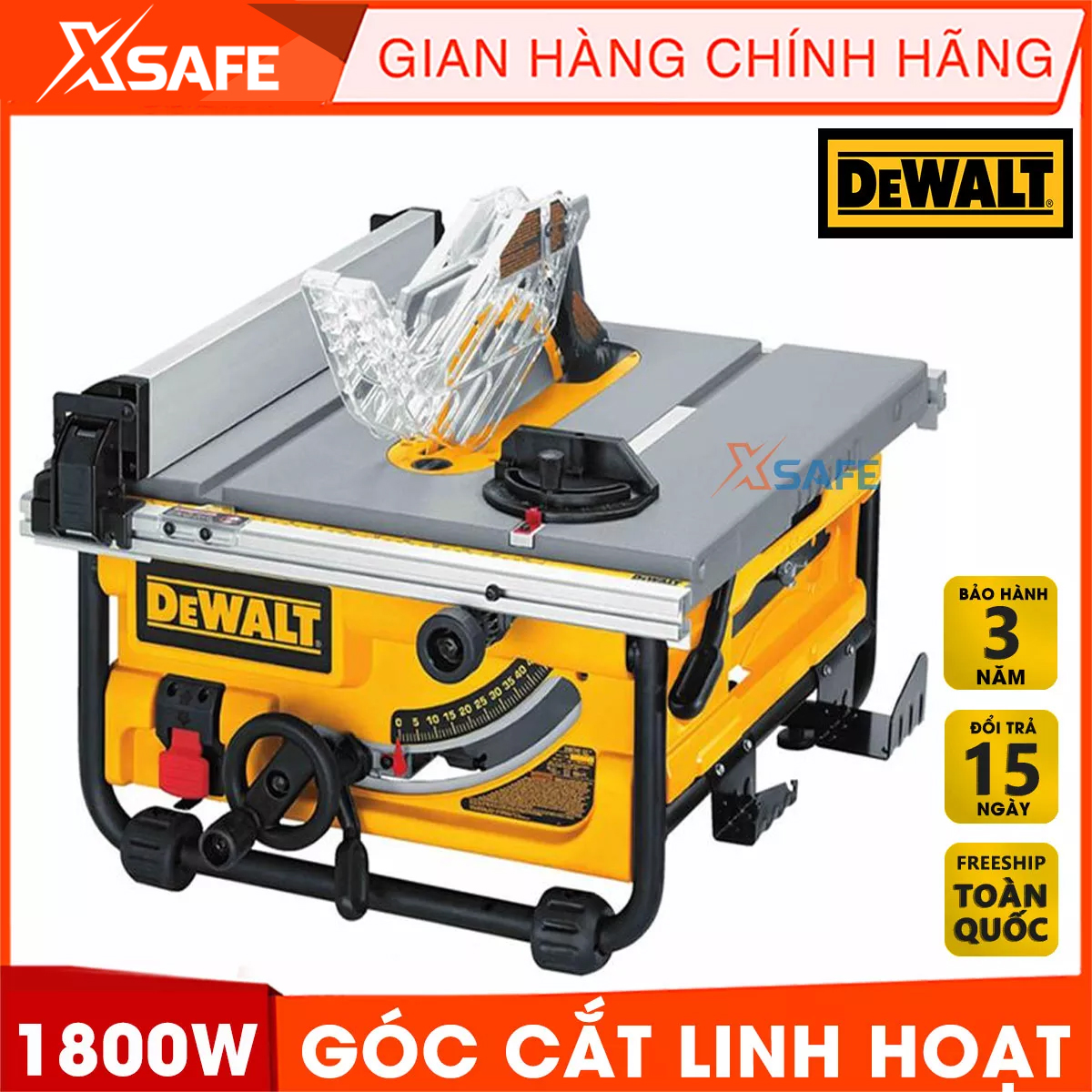 Máy cưa để bàn 1800W DEWALT DWE7470-B1 góc cắt điều chỉnh linh hoạt. Máy cưa DeWalt có thể chỉnh góc nghiêng 90 độ, cắt sâu tối đa 76.2 mm, thân máy có nhiều khe tản nhiệt, 3 năm