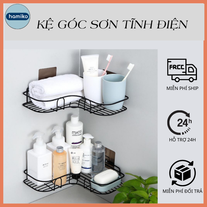 Kệ Góc Sơn Tĩnh Điện Dán Tường, Giá Để Đồ Nhà Tắm, Kệ Gia Vị Treo Tường Không Cần Khoan Đục Tặng Kèm Miếng Dán-Hamikovn