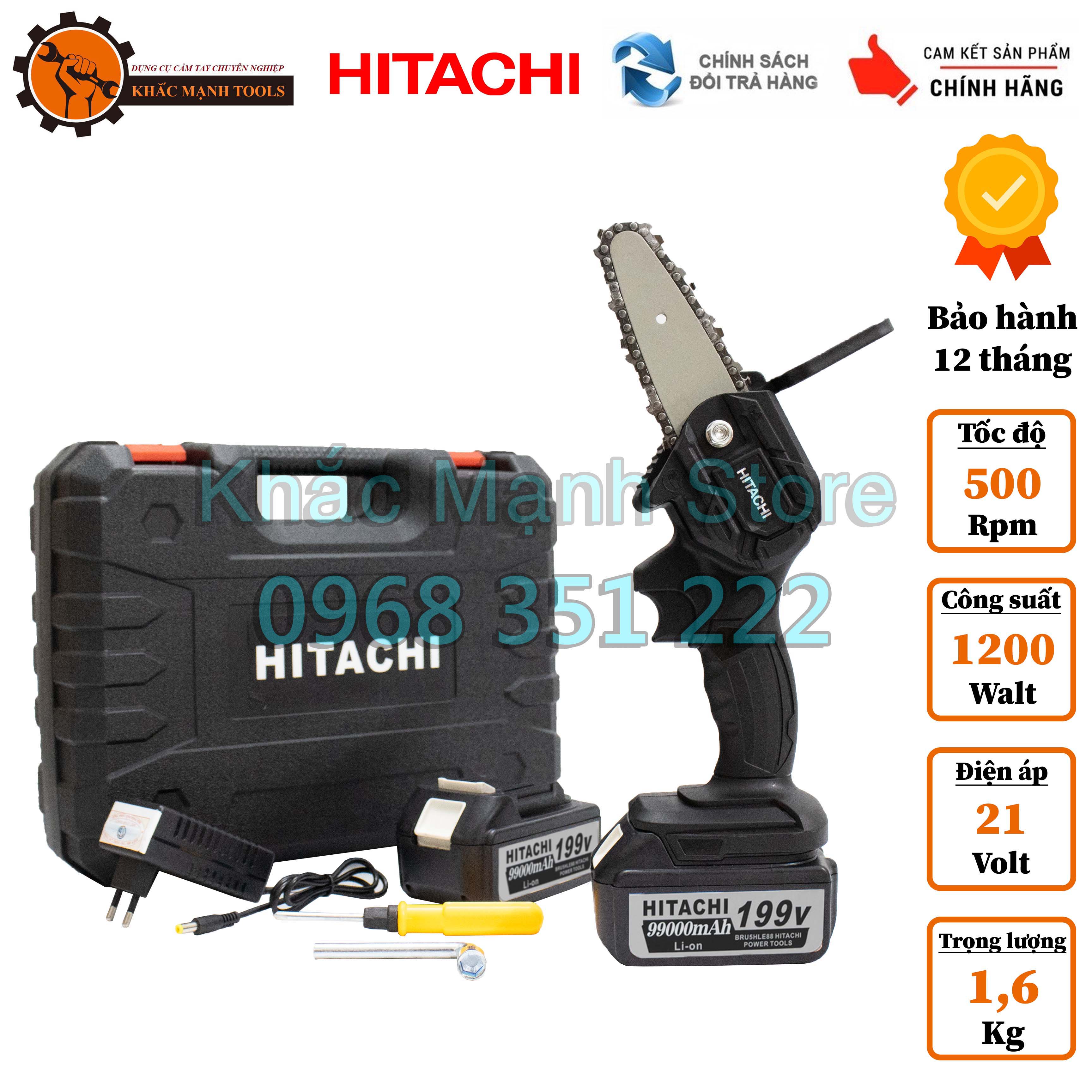 Máy cưa xích pin Hitachi 199v lam dài 4 inch, động cơ lõi đồng 100%