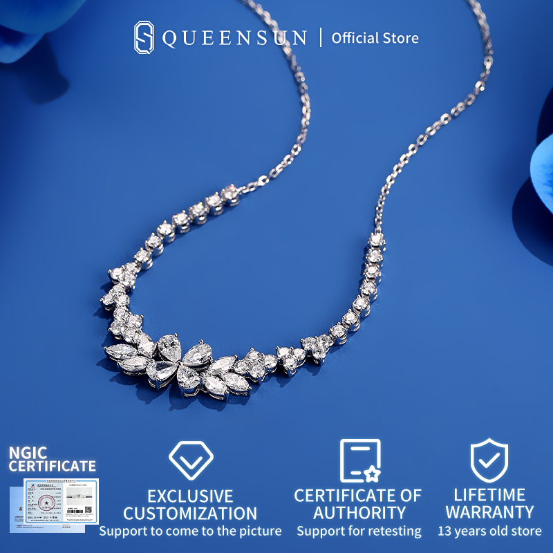 Queensun Full Diamond Chain PT950 Platinum lab Diamond Floral Necklace with True Diamond Explosion Flash Clavicular Chain繁花如约钻石项链for men and women gift IGI certificate certification ，Ladies' gifts，daily necklace