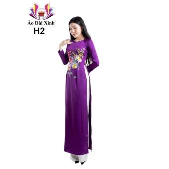 Bộ áo dài truyền thống tằm ướt thêu, cổ tròn, tay dài