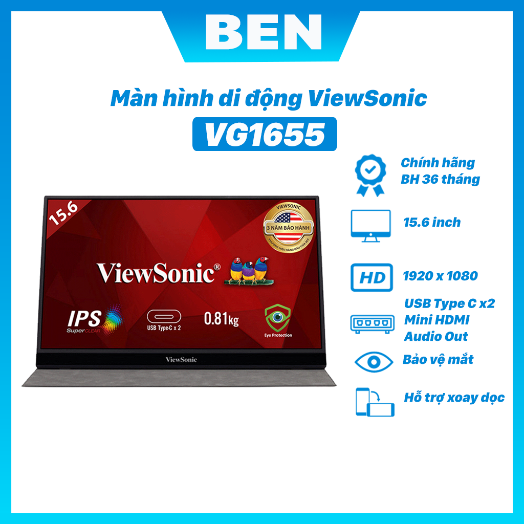 Màn Hình Di Động Viewsonic VG1655 15.6inch FHD IPS 6.5ms/60hz Hdmi+Usb Typec+Audio)