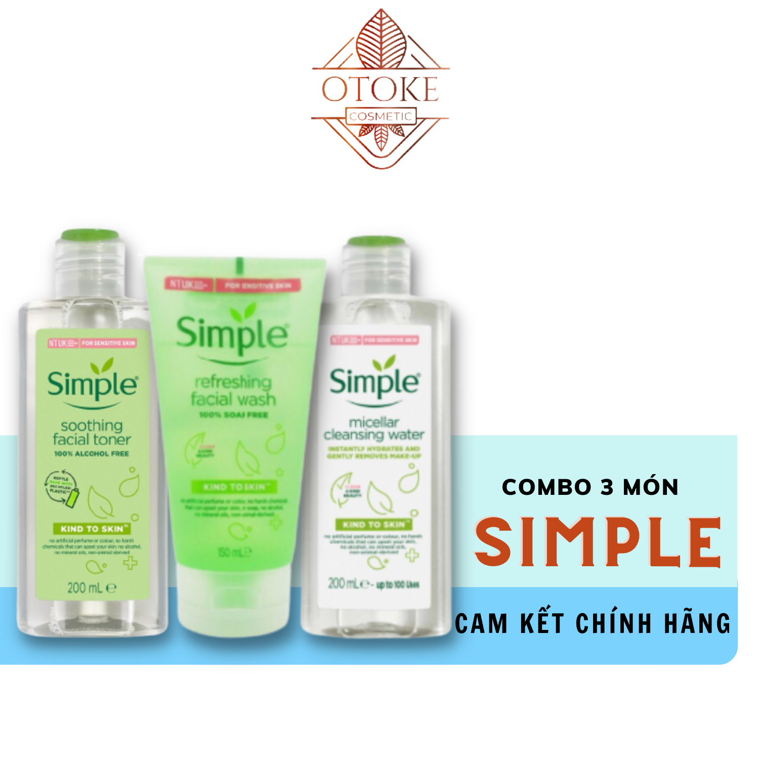 Combo 3 Simple nước hoa hồng 200ml + sữa rửa mặt 150ml + tẩy trang 200ml