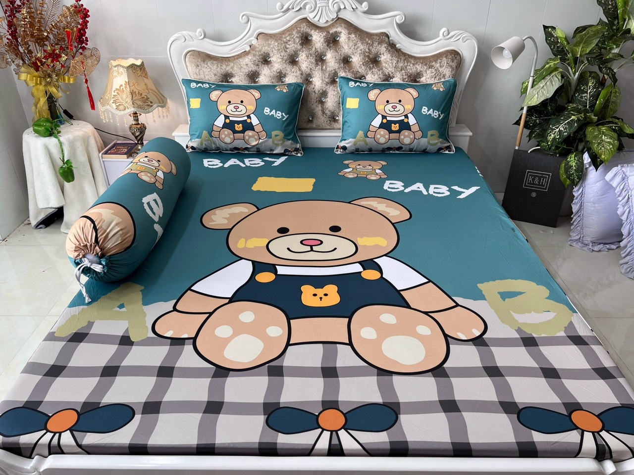 Bộ drap ga thun ý 5d mẫu gấu bông