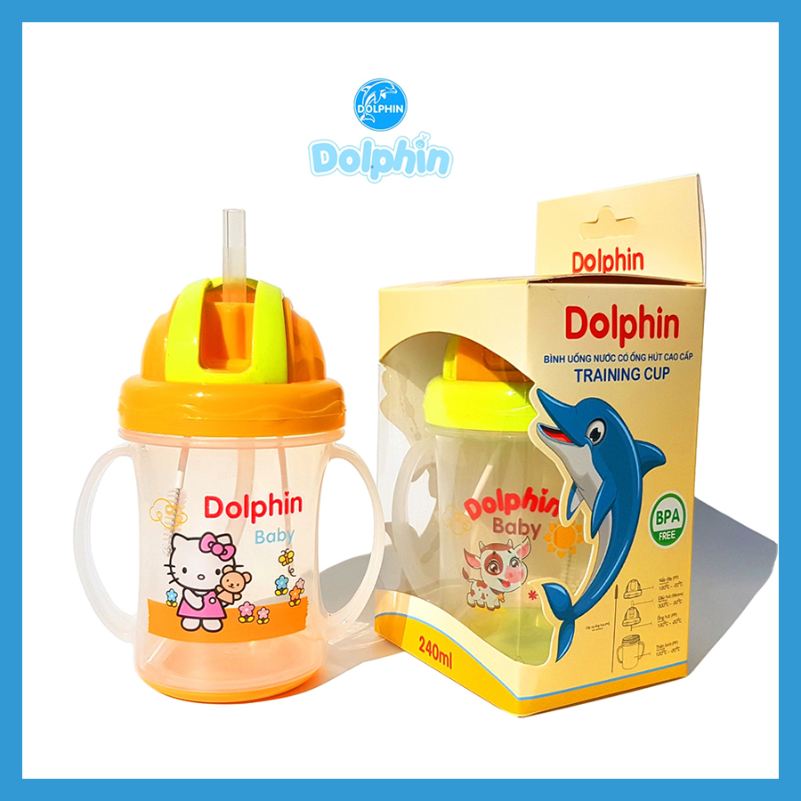 Bình uống nước pp dolphin, có ống hút silicone 240ml - dp023b