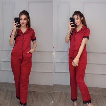 Set Bộ Đồ Ngủ Nữ Dài Tay Vải Phi Bóng Phối Ren Thời Trang