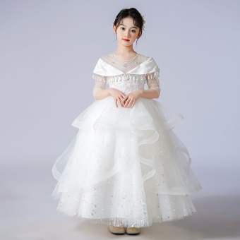 Cô gái Váy công chúa Váy cưới Chiều dài trung bình Mùa hè Váy lưới Tay áo Sequin Váy