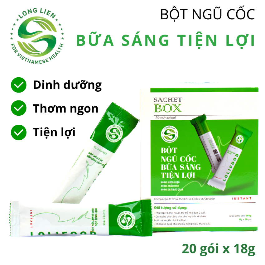 Bột ngũ cốc bữa sáng tiện lợi Lolifood dùng ăn sáng, bữa phụ hay bữa xế chiều, trước và sau khi chơi thể thao, ️Bổ sung nội tiết tố, đẹp da, trẻ lâu, giảm nguy cơ mắc bệnh tiểu đường, tốt cho tim mạch hộp 18g x 20 gói