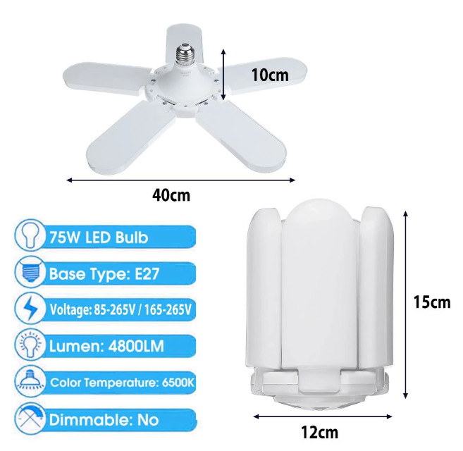 Đèn LED 5 cánh quạt đuôi E27 - công suất 75W gồm 5 cánh xếp tùy ý - ánh sáng trắng siêu sáng phù hợp với nội thất, bảo hành 12 tháng 1 đổi 1