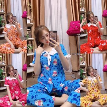 Set Đồ Bộ Ngắn Dài Quần Dài Nữ Lụa Hàn Mẫu Sữa Bò Tiểu Thư Phối Viền Dưới 55kg