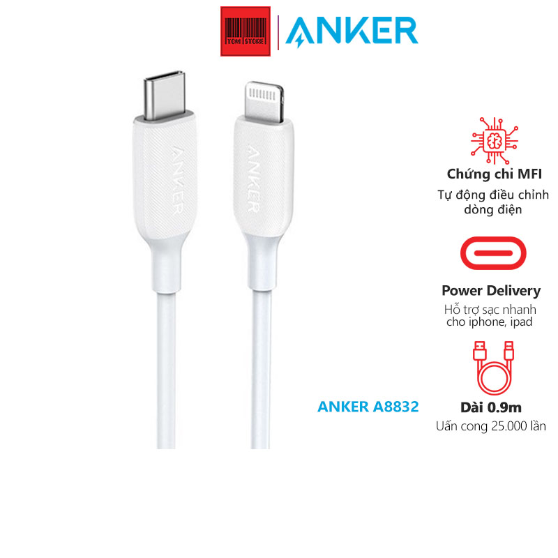 Cáp sạc điện thoại PowerLine III C to Lightning Anker A8832 hỗ trợ sạc nhanh chuẩn MFI -cáp sạc PD dành cho iphone, ipad hỗ trợ sạc nhanh 20w