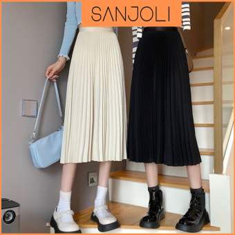 Chân Váy Dài Xếp Ly Chữ A SANJOLI Váy Dáng Dài Công Sở Qua Gối Xòe Midi Cạp Cao Suông ulzzang Đen Trắng CV004