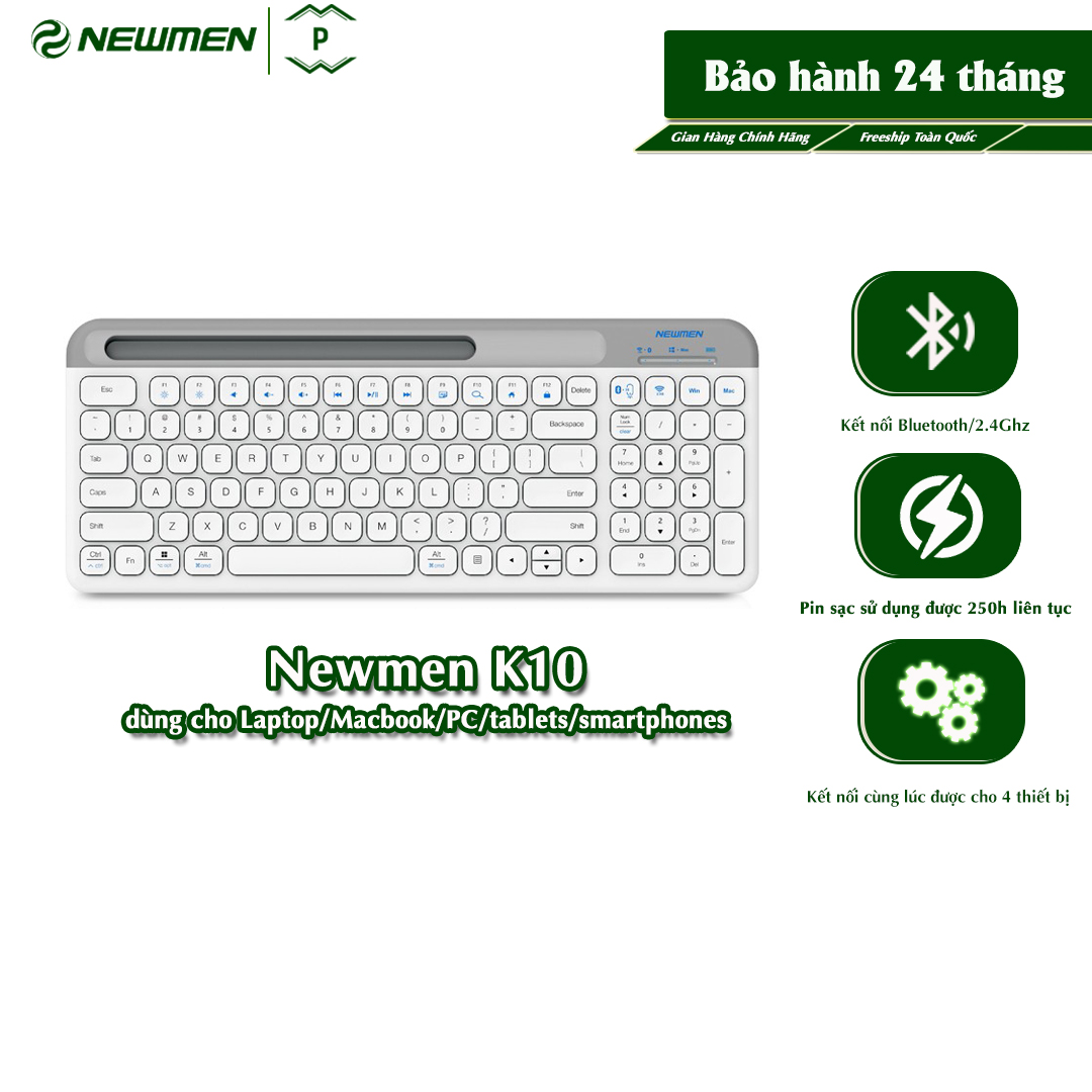 Bàn Phím Văn Phòng Không Dây Newmen K10 2 Chế Độ Kết Nối Bluetooth/2.4Ghz Dùng Cho Laptop/Macbook/PC/Tablets/Smartphones