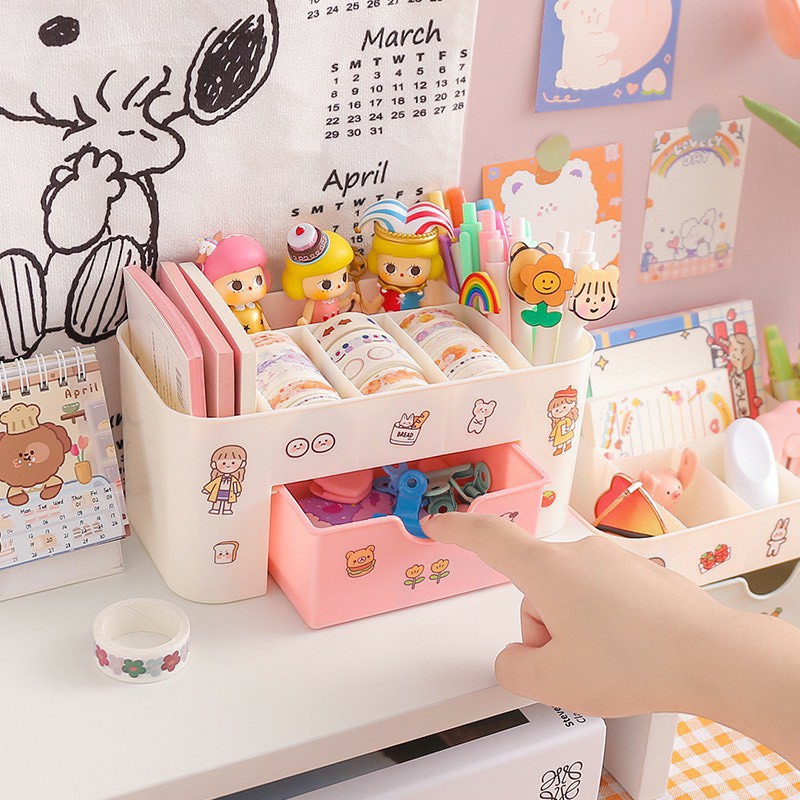 [Tặng quà cute] Kệ đựng mỹ phẩm để bàn mini 6 ô đựng và 1 ngăn kéo sắp xếp đồ trang điểm đồ dùng văn phòng phẩm ngăn nắp gọn gàng