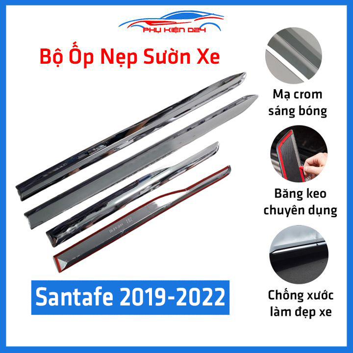 Bộ 4 ốp nẹp sườn, nẹp hông cho dòng xe Santafe 2019-2022 mạ crom, trang trí bảo vệ cửa xe hơi