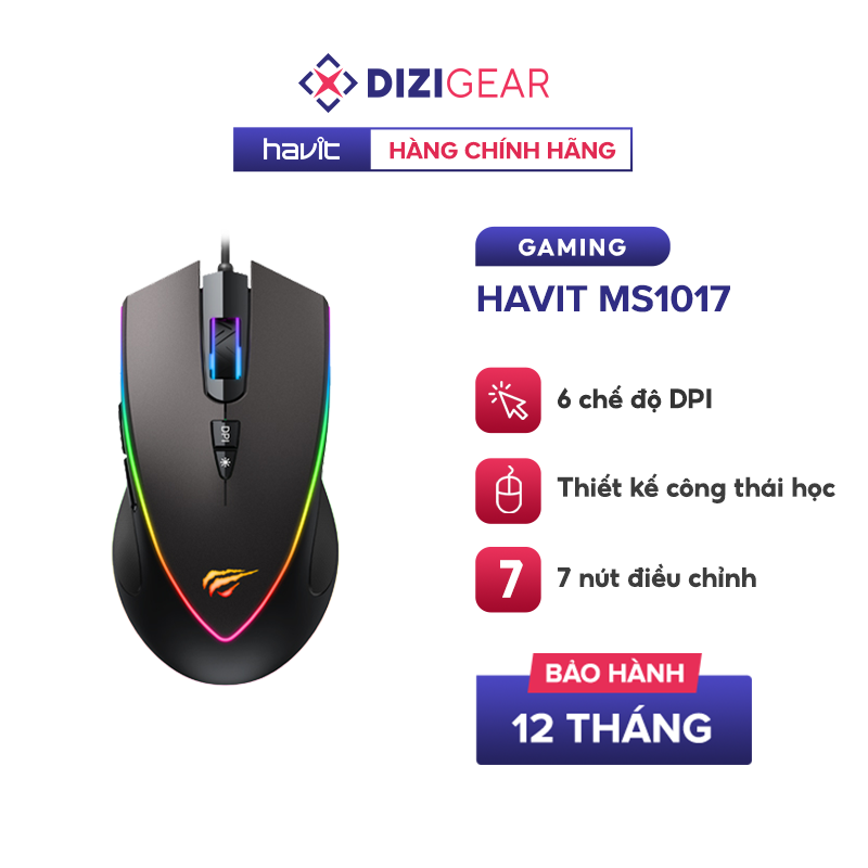 Chuột có dây havit ms1017 rgb blacklit, 6 chế độ dpi + 7 nút điều chỉnh, tuổi thọ lên đến 5 triệu lần nhấn - hàng chính hãng dizigear