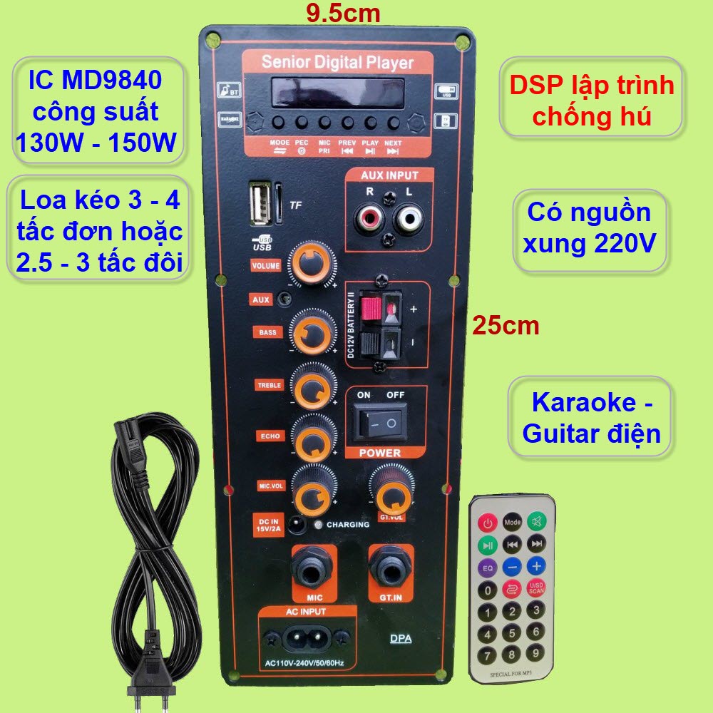 Mạch loa kéo DSP lập trình chống hú IC MD9840 công suất 130W – 150W có nguồn xung 220V - Karaoke và Guitar điện