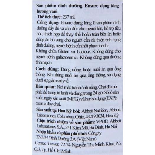 Sữa Bột Pha Sẵn Abbott Ensure Original Hương Vani Lốc 6 Chai x 237ml