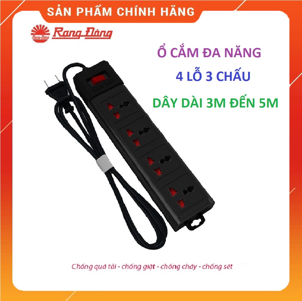 Ổ cắm điện đa năng chính hãng rạng đông oc02 4c 10a, 4 lỗ 3 chấu dây dài 3m tới 5m