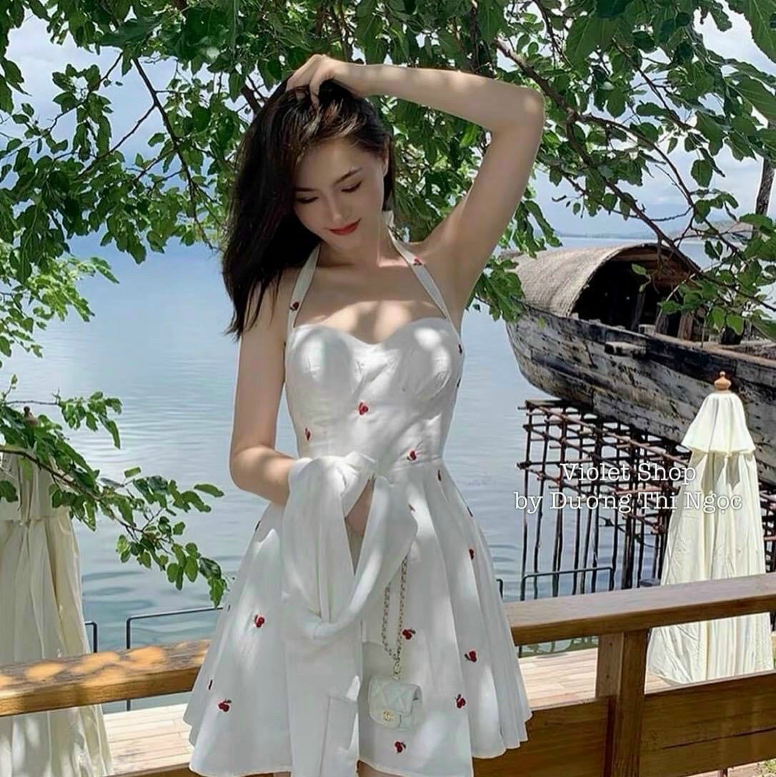 Đầm cherry 2 dây bản to có mút kèm áo khoác thun gân cực xinh xắn