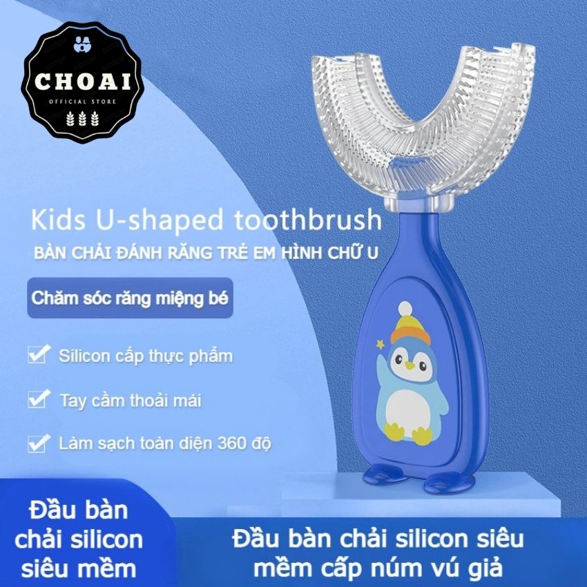 Bàn Chải Đánh Răng Trẻ Em Chữ U Hoạt Hình Chim Cánh Cụt 2-6 tuổi Chất Liệu Silicon Thực Phẩm Siêu Mềm Cao Cấp 360 Độ Ôm Sát Hàm Răng An Toàn Cho Bé, Giúp Trẻ Thích Đánh Răng