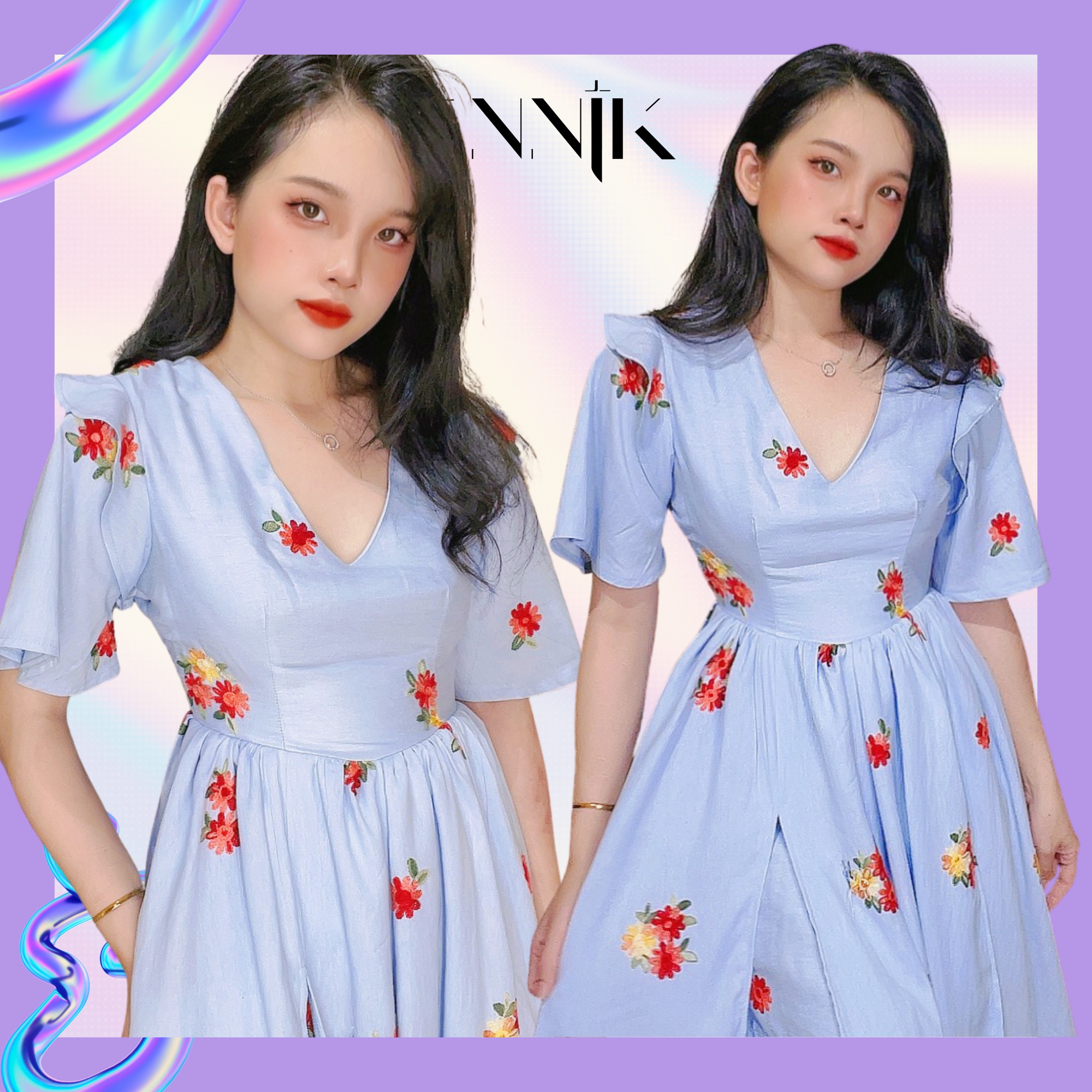 Đầm maxi hoa thêu thắt nơ, đầm dạo phố, đầm đi biển