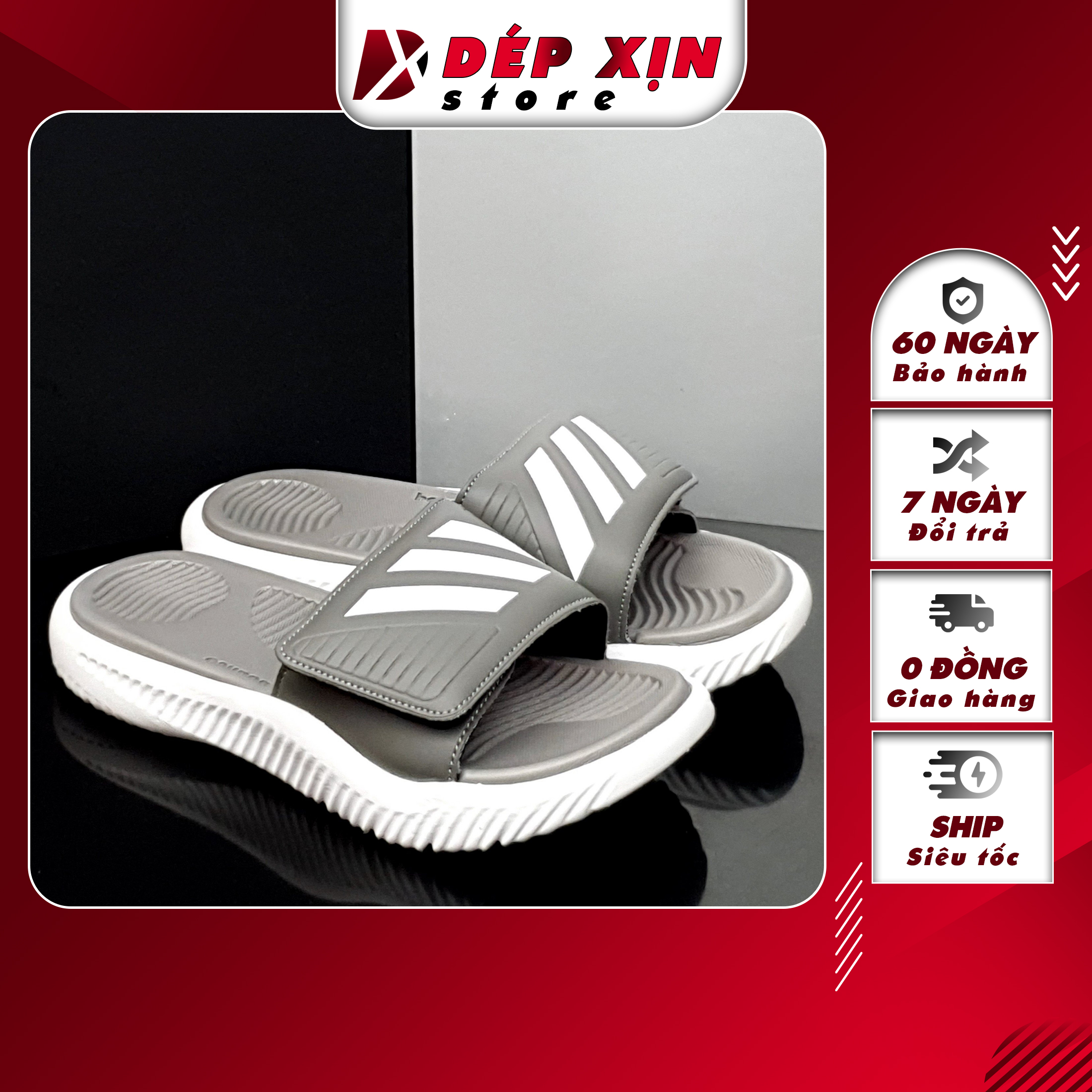 Dép Alphabounce Cao Cấp , Dép Quai Ngang , Dép Lê , Dép Quai Dán Xé 3 sọc đế cao su siêu nhẹ chống trơn (Xám)